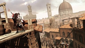Assassin's Creed II: Ezio impales an enemy on a rooftop in Florence.