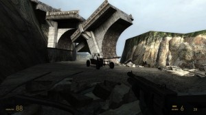 One of the many scenes of destruction and decay in <i>Half-Life 2</i>.